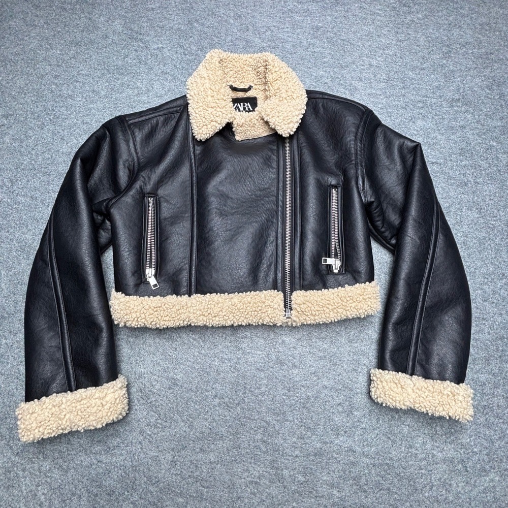 Zara Womens XS Black Faux Leather Cropped Sherpa Aviator Biker Jacket